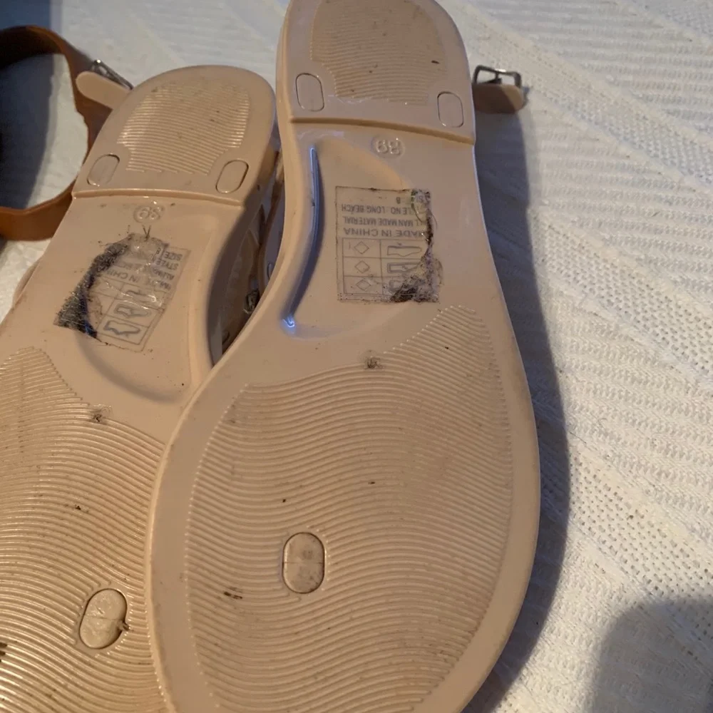 Nude Jeweled T-Strap Sandals with Sparkling Accents - Picture 4 of 4